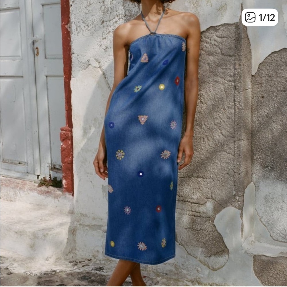 Zara Denim Chambray Embroidered Halter Dress NEW NWT - Picture 2 of 10